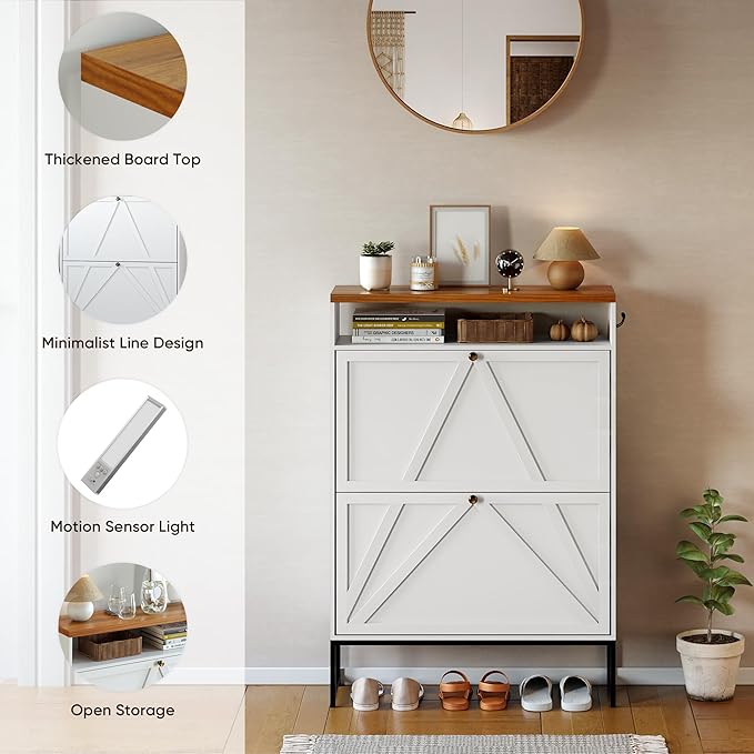 PARTPHONER Shoe Storage Cabinet with 2 Flip Drawers, Modern Hidden Shoe Storage Organizer, Narrow Wooden Freestanding Shoe Rack with Motion Sensor Light, Hallway, Foyer, White