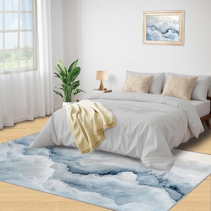 Modern Simple Art Rugs for Bedroom - 4x6 Area Rug - 3D Cloud Marble Rugs for Living Room, Abstract Mist Marble Rug, Washable Home Decor Carpet