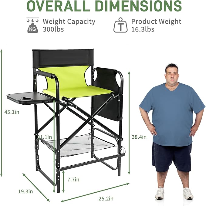 Outvita 2 Piece 31" Tall Directors Chair Height Seat Folding with Side Table Storage Bag, Support for 300Lbs Portable Makeup Artist Chair with Bar Height(Green/Black)