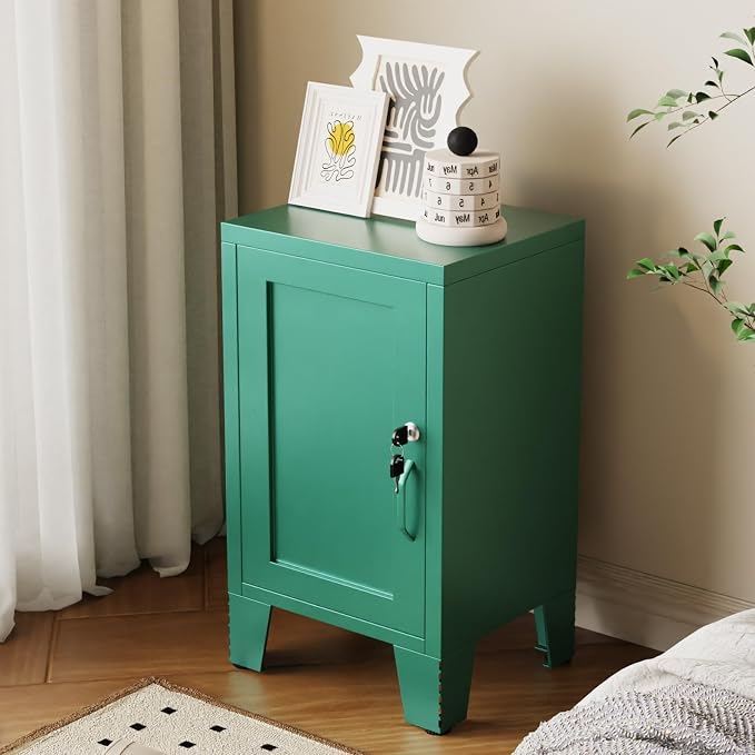 ALBAD Metal Nightstand with Lockable Cabinet, Compact Mini Locker Bedside Table
