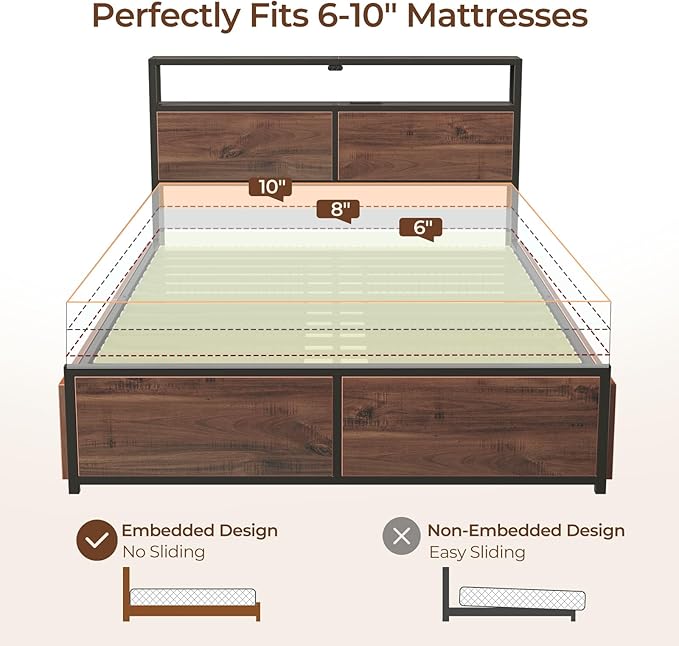 Rolanstar Twin Bed Frame with 4 Storage Drawers & 2-Tier Storage Headboard