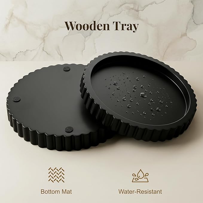 Decorative Tray for Coffee Table, Modern Minimalist Wooden Round Decor Tray for Kitchen, Living Room, Home Decor, Tv Stand, Bathroom Sink, Entryway, Black Color, Set of 2