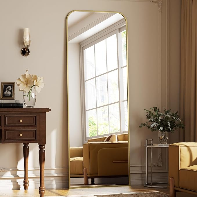 Full Length Mirror 64"x21" Arched Floor Standing Large Mirrors Full Body Mirror with Stand - with Aluminum Frame for Bedroom Living Room, Gold