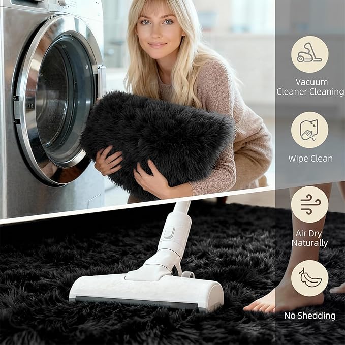 3x5 Solid Fluffy Black Area Rug – Washable, Durable, Living Room Rug, Non-Slip High Pile Shag Rugs for Bedroom, Living Room, Bedside, Dorms, Nursery Rooms, Kids Room, Soft Indoor Floor Carpet