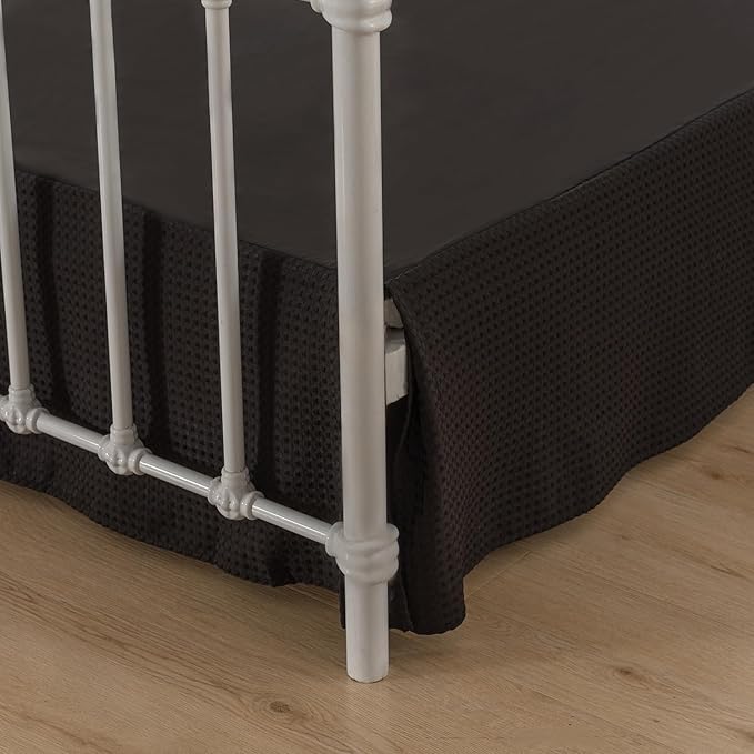 Bed Skirt King Size, Pleated Waffle Weave Bed Skirt with Split Corners, Tailored Dust Ruffle 14 Inch Drop Easy Fit, Machine Washable (Black, King - 14" Drop)