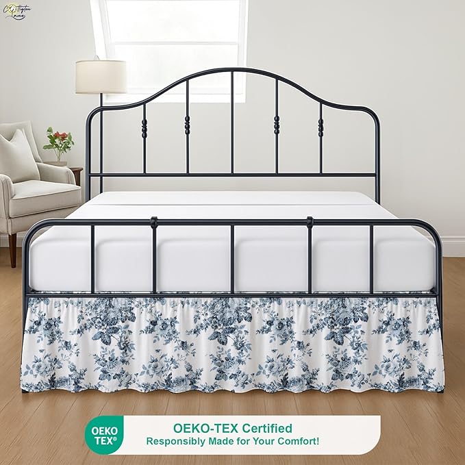Cottington Lane Ruffled Bed Skirt Twin Size with Split Corner, Brushed Microfiber Hotel Quality Dust Ruffle, 15 Inch Drop Gathered Bedskirt, Soft, Stylish, Shrink & Fade Resistant, Blue Floral Bliss