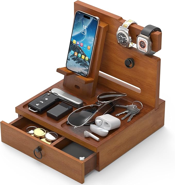 Wood Phone Docking Station, Nightstand Organizer with Drawer, Bedside Table Organizer for Watch & Accessories, Christmas Anniversary Birthday Gifts for Men,Dad,Husband