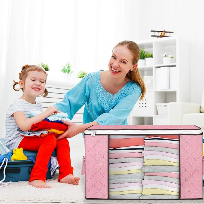 90 L Large Storage Bags, 8 Pack Clothes Storage Bins Foldable Closet Organizer Storage Containers with Durable Handle Storage and Organization, Blanket, Comforters, Bed Sheets, Pillows and Toys (Pink)