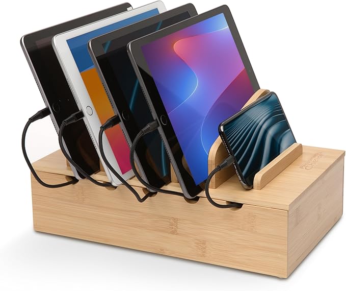 Prosumer's Choice Wooden Charging Station Organizer - 5-Port Base for Phones, Tablets and Laptops - Multi-Device Docking Station with Removable Divider Slots - Cord Box with Cable Management - Bamboo