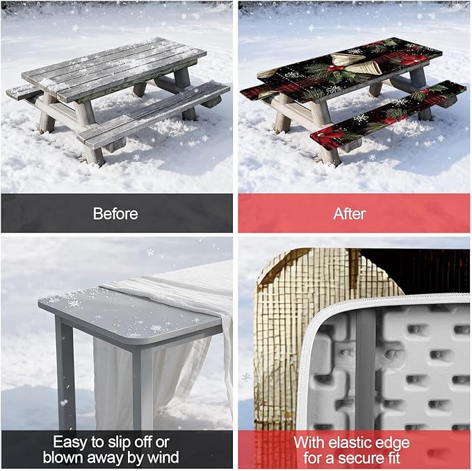 Picnic Table Cover with Bench Covers Set of 3, Elastic Fitted Tablecloth for 6 Foot Tables, Washable Polyester Tablecloths for Camping, Indoor & Outdoor