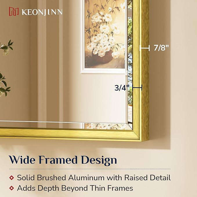 Keonjinn 16" x 24" Gold Bathroom Mirrors, Brushed Gold Framed Mirror, Beveled Tempered Glass, Shatterproof, Lightweight, Modern Farmhouse Rectangle Mirror for Decor, French Cleat Wall-Mounted Mirrors