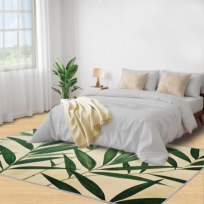 5x7 Bamboo Leaves Rugs for Bedroom - Realistic Botanical Art Print Rug, Minimalist Leaves Rug Non Slip Soft Rugs for Living Room Hardwood Floors Teen Room