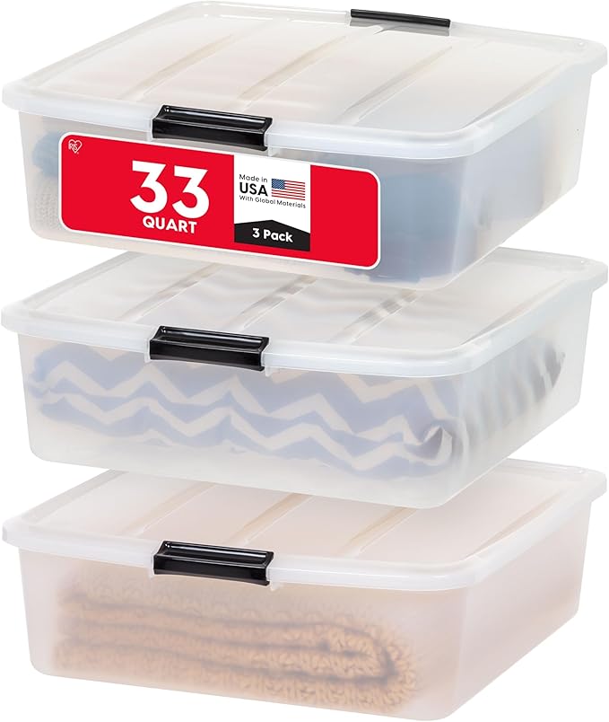 IRIS USA 33 Qt Plastic Under Bed Storage Organizer Bin Container with Secure Lids and Durable Black Buckles, Multi-Purpose for Clothes, Shoes, Clothing, and Bedding, Short, Clear, 3 Pack