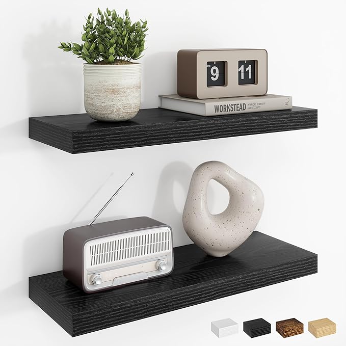 Dreamland Floating Shelves, 20Inch Rustic Wooden Black Wall Shelves for Bathroom|Bedroom|Kitchen, Deep Wall Mounted Book Shelf, Wood Storage Display Shelf for Home Decor, Set of 2