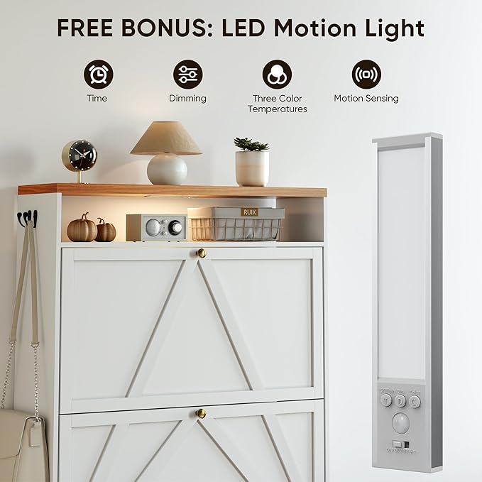 PARTPHONER Shoe Storage Cabinet with 2 Flip Drawers, Modern Hidden Shoe Storage Organizer, Narrow Wooden Freestanding Shoe Rack with Motion Sensor Light, Hallway, Foyer, White