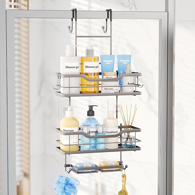 Consumest Over The Door Shower Caddy - 3 Tier Shower Organizer Hanging with Soap Holders, Large Capacity Shower Shelves with 6 Hooks, Bathroom Rack and Storage, Sand Nickel
