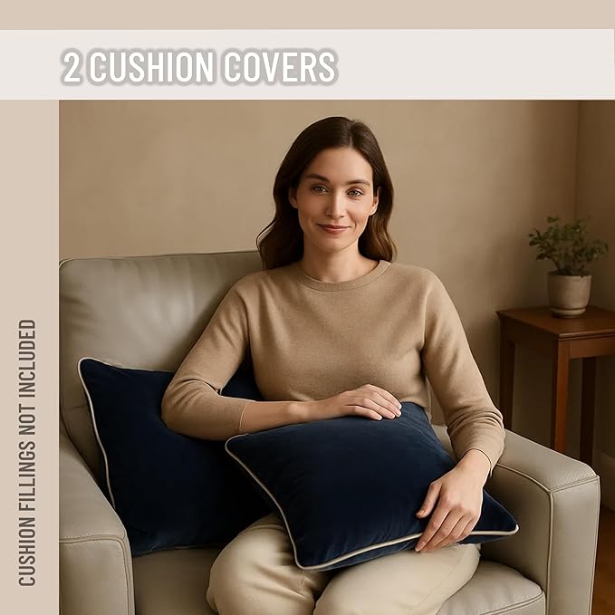 2 Pack Velvet Decorative Throw Pillow Covers, 20"x20", Navy Blue and Grey, Solid, Modern, Contrast Piping, Indoor Use, Bedroom & Living Room