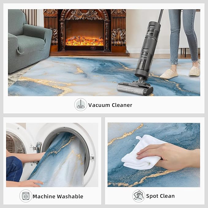 4x5 Abstract Marble Indoor Outdoor Rug - Blue-White-Marble Bedside Rug, Luxury Stone Pattern Washable Entry Way Rugs Kids Carpet for Inside House Playroom Living Room End Table Nursery