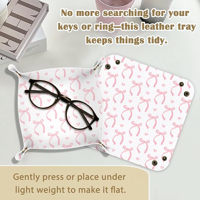 Pink Coquette Bow Leather Jewelry Valet Tray, Bow Themed Gifts PU Leather Catchall Beside Caddy Nightstand Organizer Tray for Jewelry Rings Watches Keys and Accessories, 7.8x7.8inch