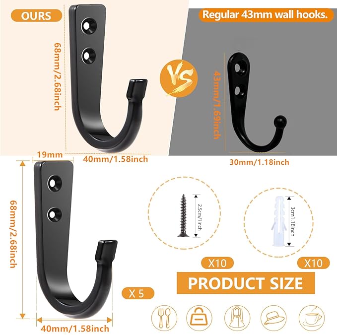 5 Large Size Heavy Duty Wall Hooks, Coat Hooks for Hanging Pans, Backpacks, Coats, Garage Items (Black)