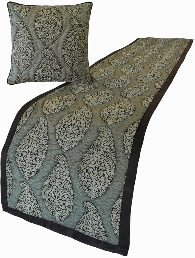 The HomeCentric King/Queen/Twin Grey Decorative Full 68"x18" Bed Runner with 2 Pillow Cover, Paisley & Beaded Bed Scarf on Jacquard Fabric - Paisley History