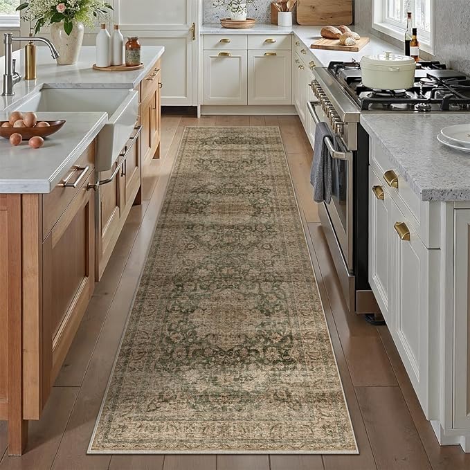 2x8 Washable Vintage Runner Rug Green Brown Hallway Kitchen Carpet Non-Slip Soft Low Pile Distressed Throw Rug for Bedroom Bathroom Laundry Living Room