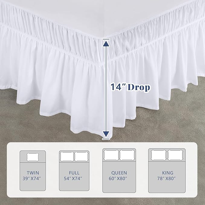 Queen Bed Skirt, Elastic Wrap Around Bed Skirt Queen Size, Bed Skirts for Adjustable Bed, Easy Fit with 14" Drop Length Tailored Drop Dust Ruffle (White)