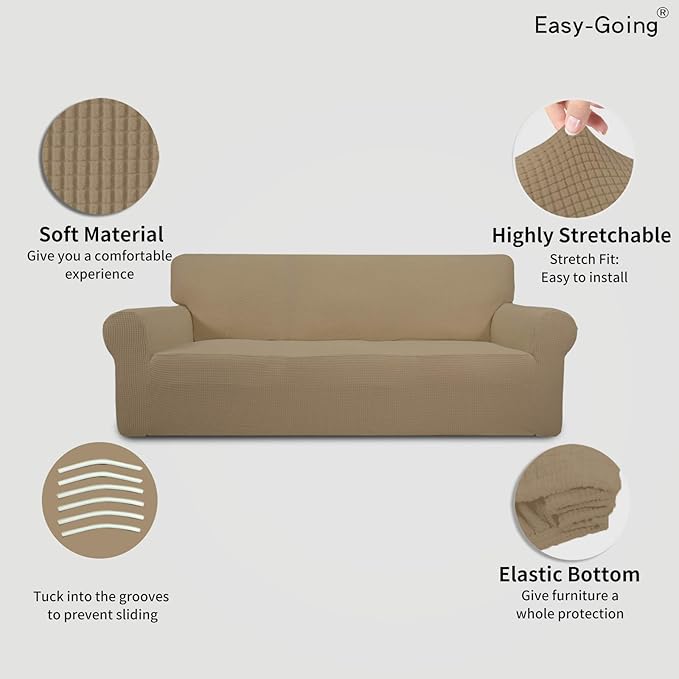 Easy-Going Stretch Oversized Sofa Slipcover 1-Piece Sofa Cover Furniture Protector Couch Soft with Elastic Bottom for Kids, Polyester Spandex Jacquard Fabric Small Checks Tan