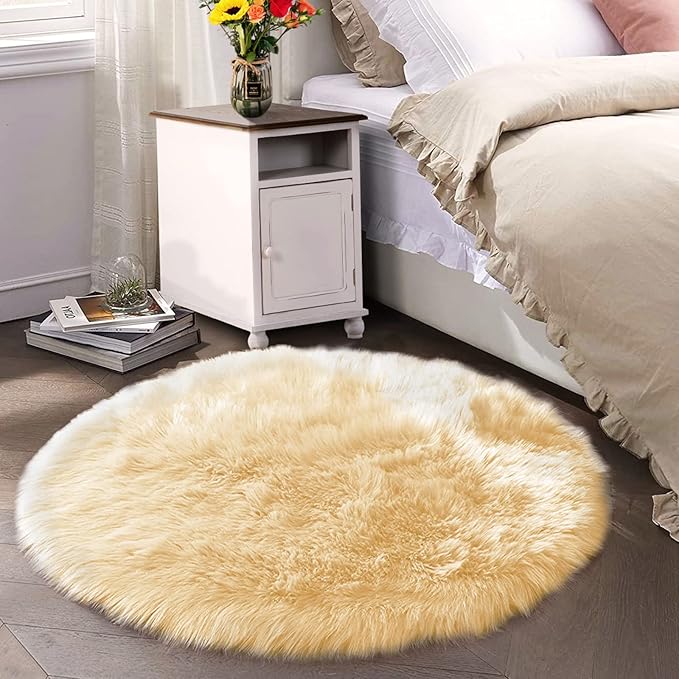 Latepis Yellow Round Rug for Living Room Faux Sheepskin Round Rugs 6ft Circle Fur Rugs for Bedroom Fuzzy Plush Rug Cute Home Décor