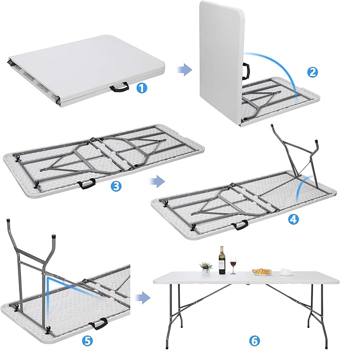 Folding Event Table, Heavy Duty Picnic Table Indoor Outdoor Camping, 6FT Portable w Handle Lock for Banquet, White