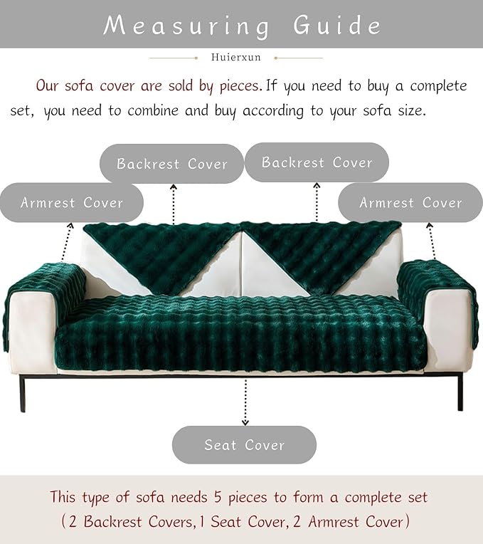 Christmas Faux Fur Couch Cover Fuzzy Soft Plush Thick Bubble Sofa Cover Luxury Sectional Couch Covers Luxury Anti-Slip Sofa Slipcover Washable Furniture Protector (Dark Green,28"x47")