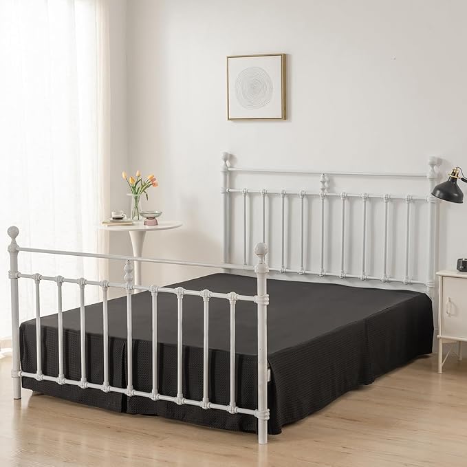 Bed Skirt King Size, Pleated Waffle Weave Bed Skirt with Split Corners, Tailored Dust Ruffle 14 Inch Drop Easy Fit, Machine Washable (Black, King - 14" Drop)