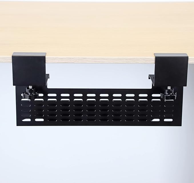 AEONS Under Desk Cable Management Tray Wire Cord Organizer Removable C Clamp Mount No Drill Computer Cord Raceway and Modesty Panel, Black, 16-inch