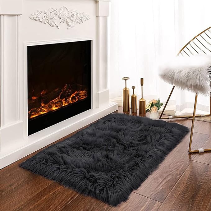 Latepis Black Fur Rug for Bedroom Throw Rugs 2x3 Faux Sheepskin Rug Washable Fluffy Shag Rugs Carpet for Cushion Pet Mat Room Décor Rectangle