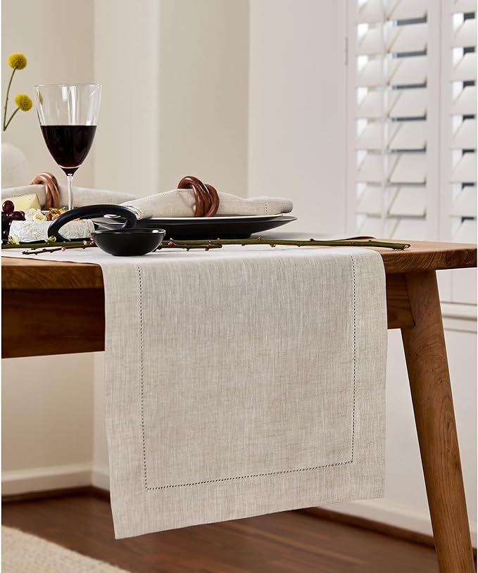 Solino Home Linen Light Natural Table Runner 156 Inches Long - 100% Pure Linen Extra Long Table Runner 14 x 156 Inch - Classic Hemstitch