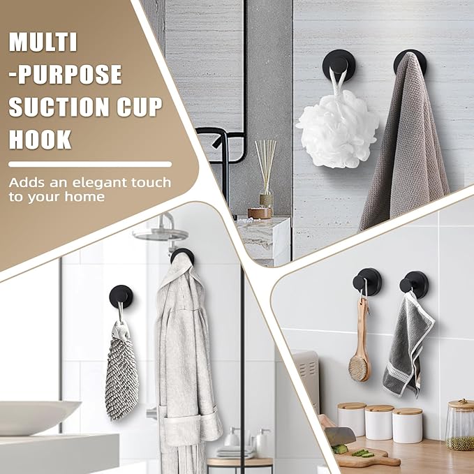 Suction Cup Hooks for Shower No-Drill Bathroom Hooks for Towels, Robes, Loofah Mountable on Bathroom Walls, Kitchen, Glass, Mirrors, Tile and Smooth,Non-Porous Surfaces (4, Matte Black)