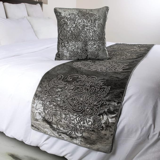 The HomeCentric Decorative Designer Handmade Bed Runner Without Pillow Cover, 74 x 18 Inch Damask Designer Queen Size Bed Scarf in Foil Velvet and Embroidery Bed Linen Foot Warmer Home - Foil Damask