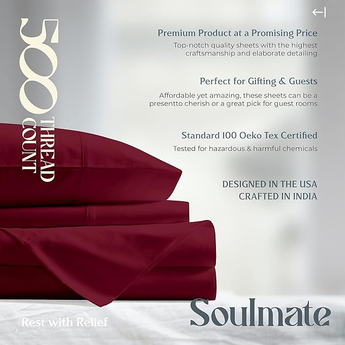 Mayfair Linen 100% Cotton Bed Sheets Queen Set - 500 Thread Count Cotton Sheets for Queen Size Bed, 4 PC Set (Burgundy), Ultra Soft, Cooling, Sateen Weave 16" Deep Pocket Bedsheet for Hot Sleepers