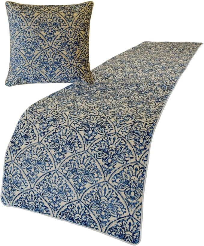The HomeCentric King/Queen/Twin Blue Decorative CA King 86"x18" Bed Runner with 2 Pillow Cover, Embroidery, Quilted Bed Scarf on Cotton Fabric - Farzeen Blue