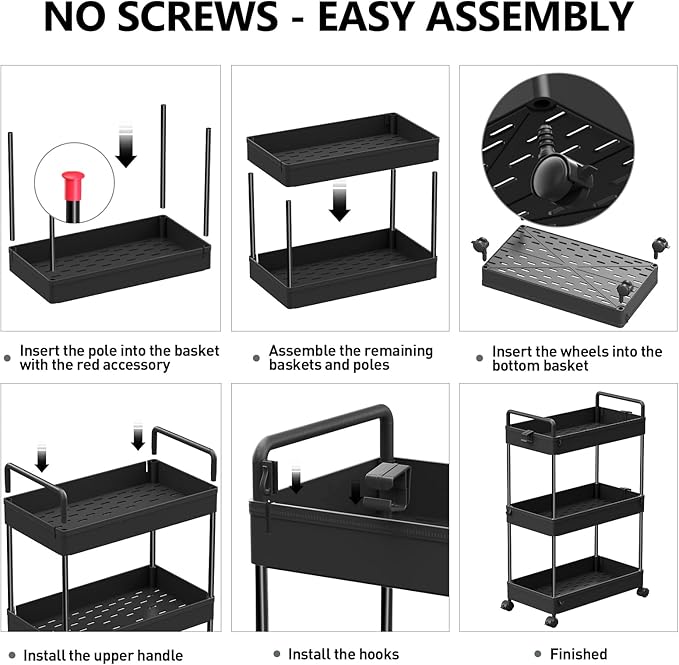 SOLEJAZZ 3 Tier Rolling Storage Cart with Wheels Slim Craft Nail Makeup Snack Art Baby Utility Cart Organizer on 2 Lockable Wheels for Bathroom Laundry Room Kitchen Bedside Narrow Spaces, Black