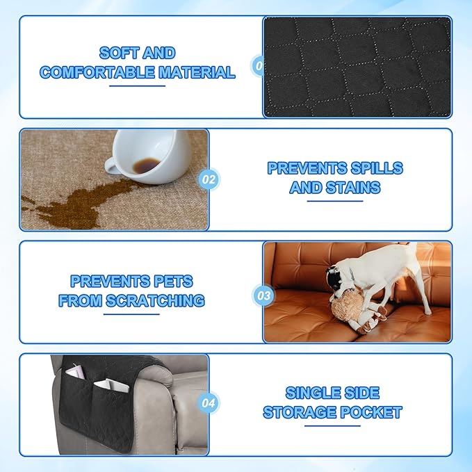uxcell 3 PCS Armrest Covers, Couch Arm Cover Furniture Protect Slide Recliner Chair Armchair Covers with Side Storage Pocket for Sofa Recliner, Black