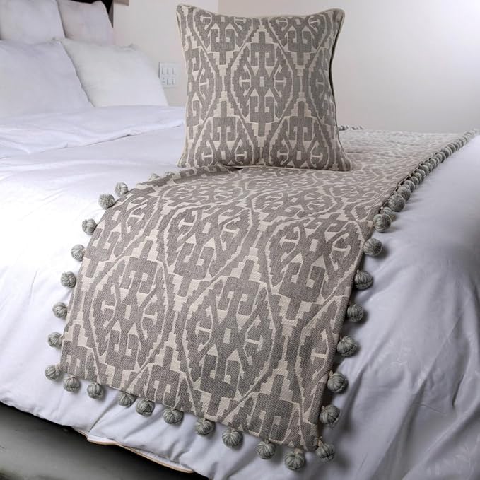 The HomeCentric Grey Bed Runner Without Pillow Cover, Twin Size 53"x18" Decorative Bed Runner, Grey Cotton Bed Scarf in Aztec Pattern with Tassels - Grey Aztec