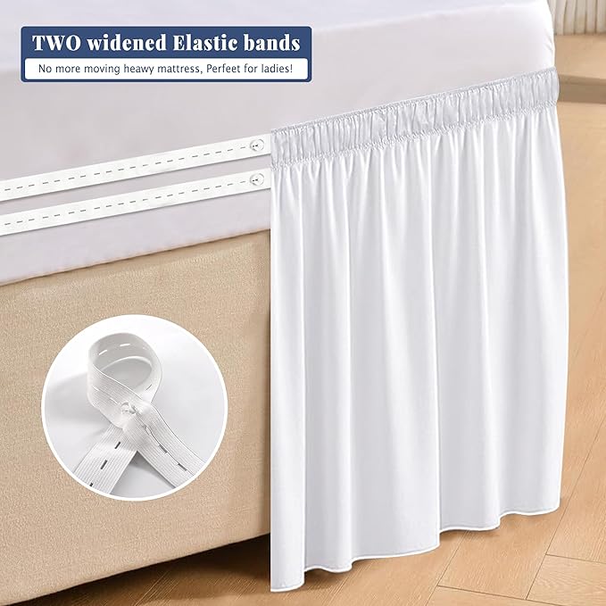 Dorm Bed Skirt Twin XL 30 Inch Drop, 100% Microfiber Extra Long College Dust Ruffle Bedskirt for Adjustable Beds, Elastic Wrap Around Design, White