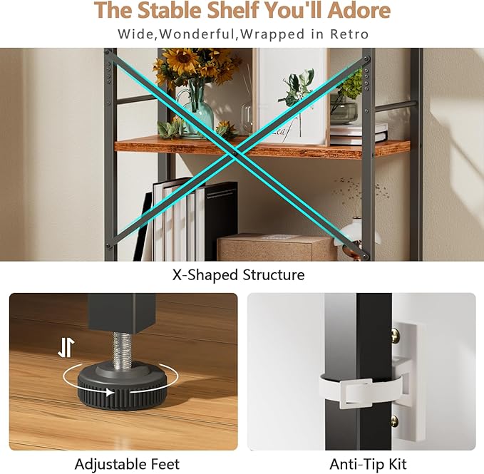Furologee 6 Tier Book Shelf, Tall Wide Bookshelf, Industrial Open Bookcase