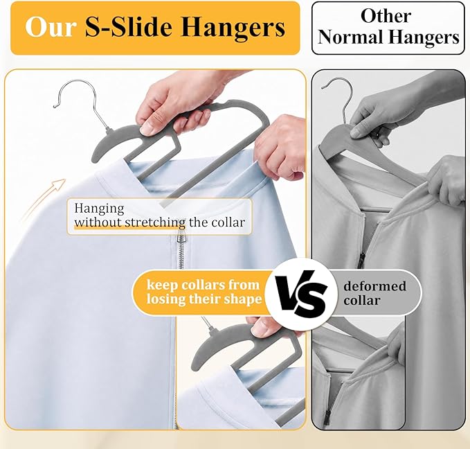 Velvet Hangers 50 Pack, S-Shaped and Stackable Non Slip with 360°Swivel Hook, Ultra Thin and Space Saving Flocked, for Suits, Shirts, Coats, 15Lbs Capacity Heavy Duty, Grey