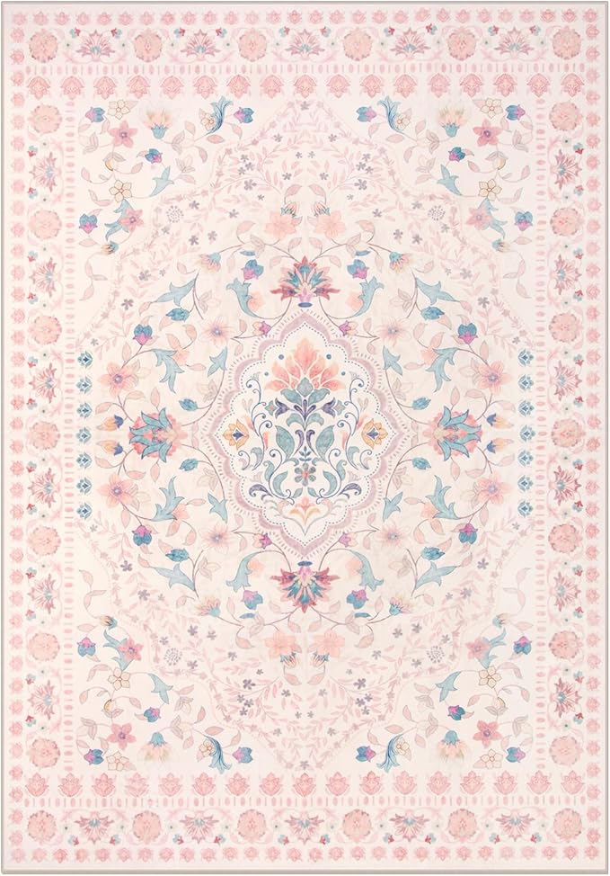 Wonnitar Boho Floral 8x10 Pink Area Rug, Washable Kids Rugs for Bedroom, Large Ultra-Thin Soft Non Slip Carpet for Nursery Living Room Playroom Classroom, Pastel Pink