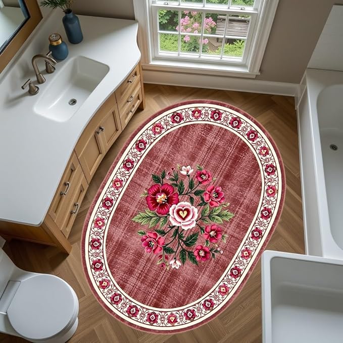 Retro Country Distressed Burgundy Green Florals Texture Bordered Rugs 2x3 for Living Room Bedroom Dining Room Soft Washable Non Skid Area Rug Guestroom Kitchen Doormats Rustic Indoor Oval Carpet