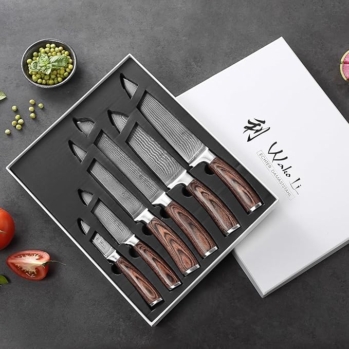Wakoli EDIB Damascus Chef Knife Set, VG10 Core Blades, 6-Pcs Kitchen Knives