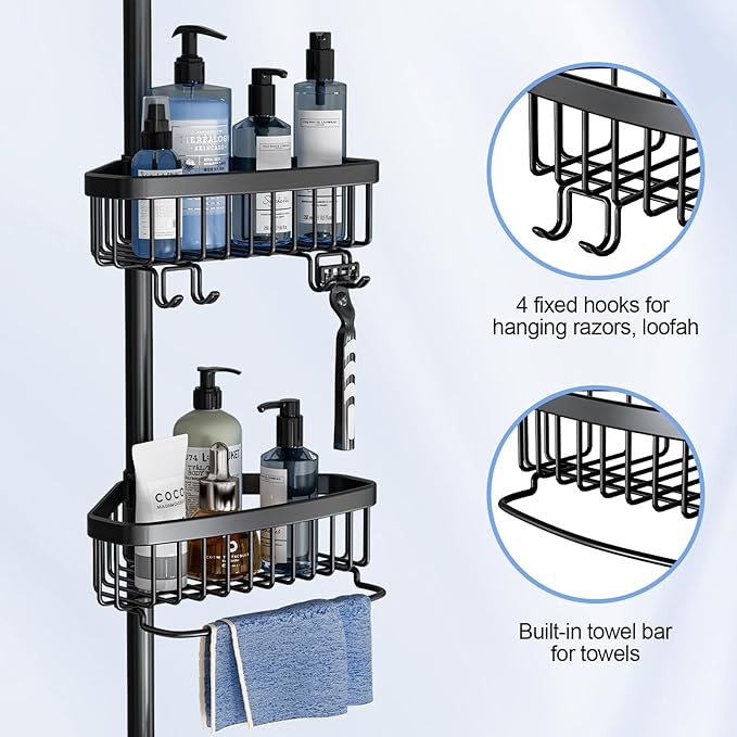 Corner Shower Caddy Tension Pole: Adjustable Rustproof 4-Tier Inside Bathroom Organizer - 47-121 inch Quick Installation Bathtub Shelves for Shampoo Storage - Rod Floor Standing Bath Rack - Black
