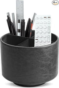 Round Leather Art Supply Organizer,Remote Control Holder,360 Degree Spinning,Multi-Functional Pencil Holder,4 Compartments Desktop Stationary Organizer(1-Oil Black)